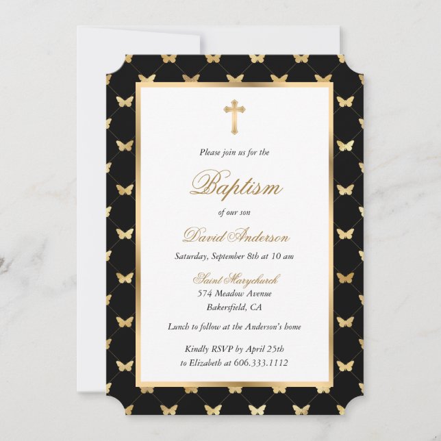 Baptism i Butterfly Black Guld Kor Elegant Inbjudningar (Framsida)