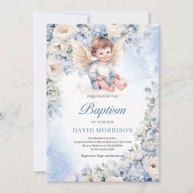Baptism i Cute baby ängeln Dusty Blue ivory Flower Inbjudningar (Framsida)