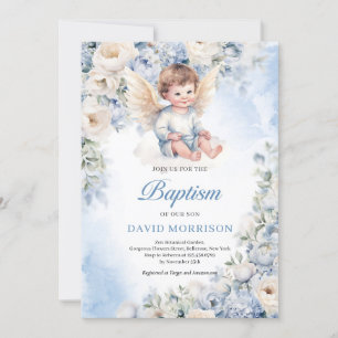 Baptism i Cute baby ängeln Dusty Blue ivory Flower Inbjudningar