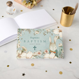 Baptism i Cute Bunny Foliage Powder Blue Baptism Gästböcker