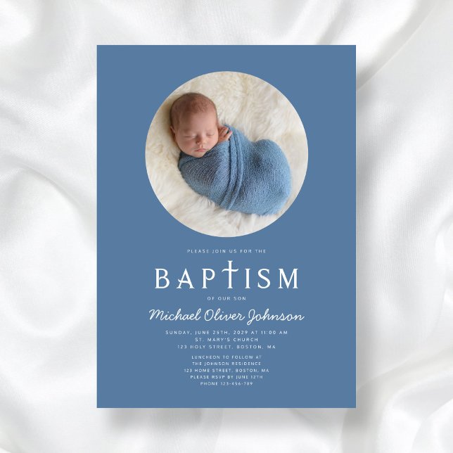 Baptism i den blå moderna Religiösan Kor Photo Boy Inbjudningar (Blue Modern Religious Cross Photo Boy Baptism Invitation)