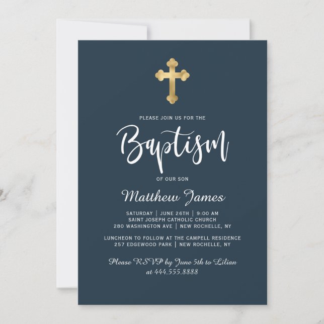 Baptism i den moderna skriften Guld Kor Navy Blue  Inbjudningar (Framsida)