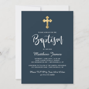 Baptism i den moderna skriften Guld Kor Navy Blue  Inbjudningar