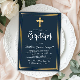 Baptism i den moderna skriften Guld Kor Navy Blue  Inbjudningar