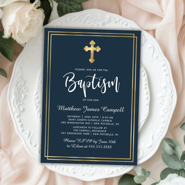 Baptism i den moderna skriften Guld Kor Navy Blue  Inbjudningar (Skapare uppladdad)