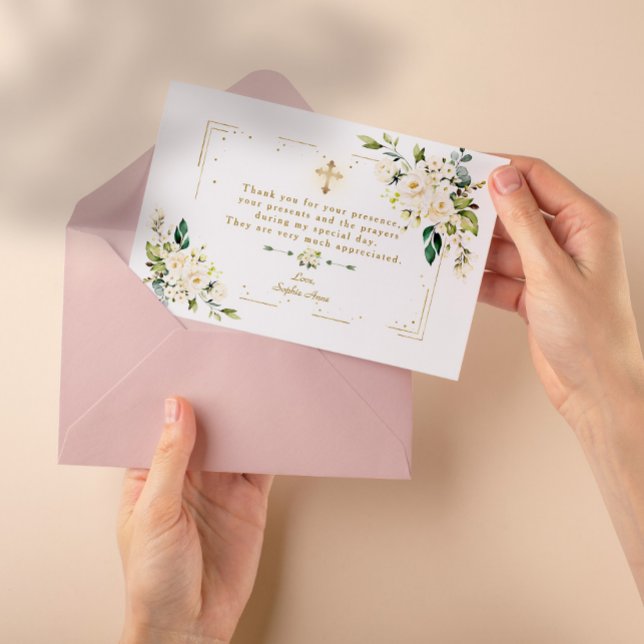 Baptism i den vita Blommigten Guld Glitter Ram Kor Tack Kort (thank you white floral invitation baptism)