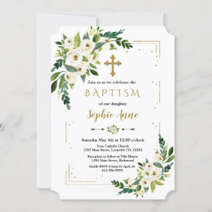 Baptism i den vita Blommigten Luxury Guld Ram Whit Inbjudningar