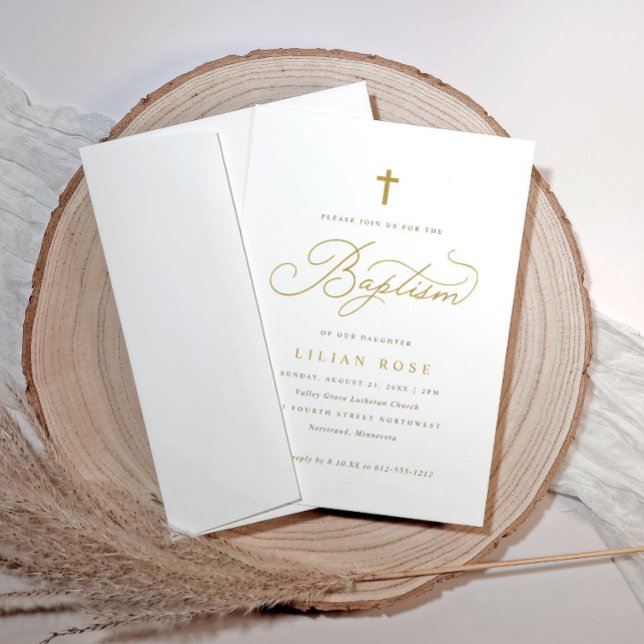 Baptism i elegant Guld Kor Inbjudningar (Personalized baptism invite with gold cross and elegant script, perfect for a timeless celebration.)