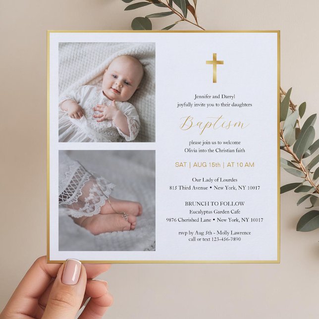 Baptism i elegant Guld Kor | Modern skript Inbjudningar (Photo Baptism Invitation )