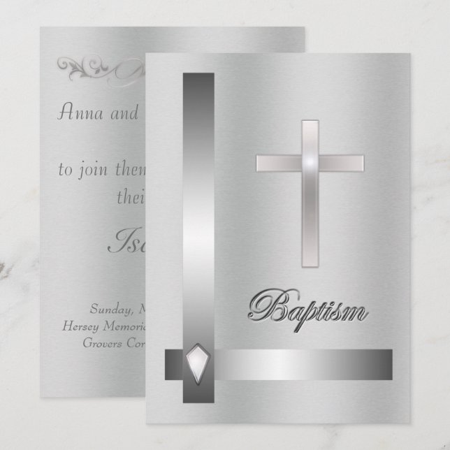 Baptism i elegant Kor vid metall vid silver Inbjudningar (Fram/baksida)