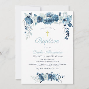 Baptism i elegantens vattenfärgsblå blommigt inbjudningar