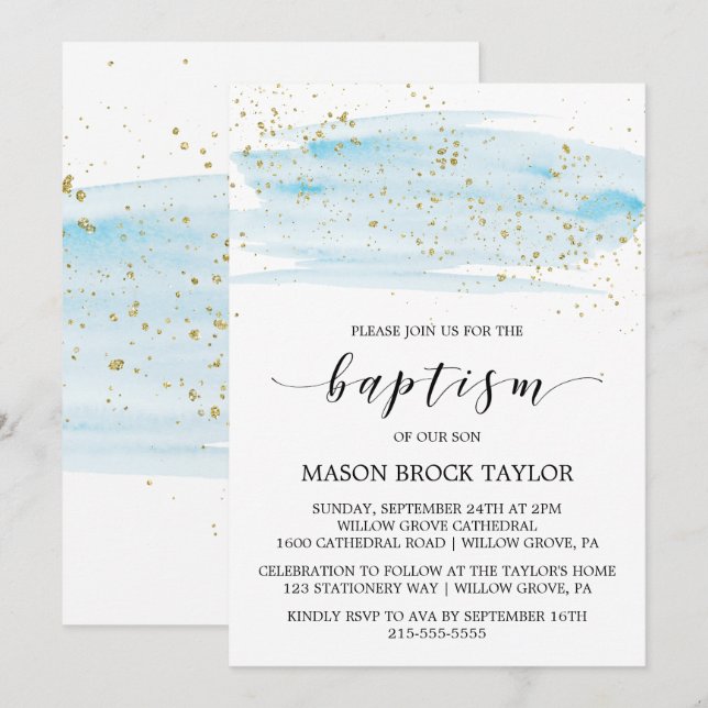 Baptism i Gnistran Watercolor Blue & Guld Inbjudningar (Fram/baksida)