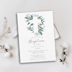 Baptism i Grey Kor Blue Botanical Pojke Inbjudningar