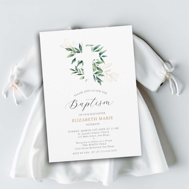 Baptism i grey Kor Guld, Foliage Baby Småbarn Inbjudningar (baptism invitation christening baby toddler greenery cross gold foliage elegant classy minimalist)