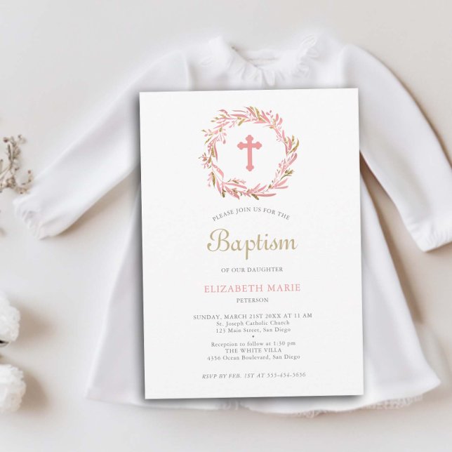 Baptism i Grey och Kor Coral Guld Flicka Inbjudningar (greenery baby girl baptism christening invitation botanical wreath cross gold coral white elegant )