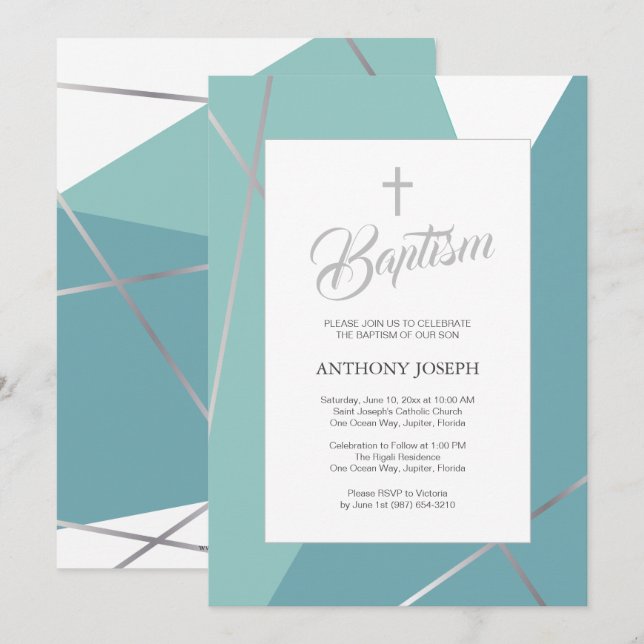 Baptism i Grönt Blue och Mint Inbjudningar (Fram/baksida)