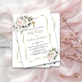 Baptism i Guld i Islacion De Bautizo White Flores Inbjudningar