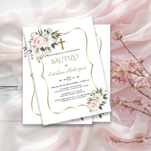 Baptism i Guld i Islacion De Bautizo White Flores Inbjudningar