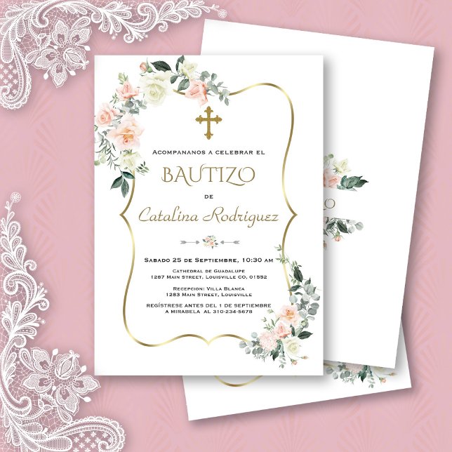 Baptism i Guld Inbjudningar (pink white flowers bautizo invite, trendy modern  elegant floral gold bautizo invitation, spanish )