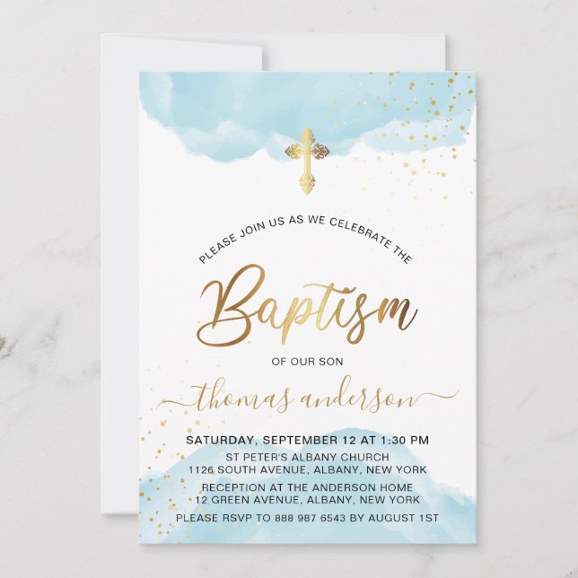Baptism i Guld och blå vattenfärgspojke Inbjudningar (Framsida)
