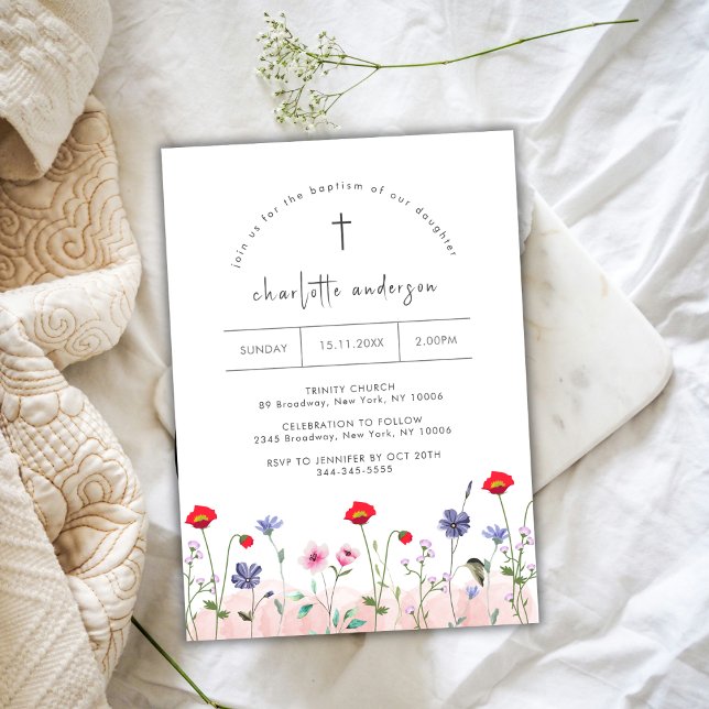 Baptism i Kor vid sommarlilla blomman Inbjudningar (Meadow Summer Little Flower Cross Baptism Invitation)
