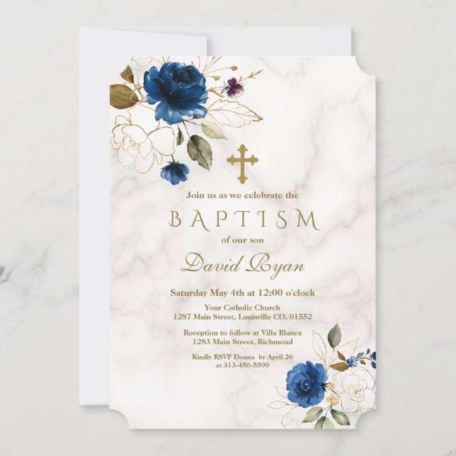 Baptism i lyxmarinblå Guld-Blommigten Kor Marble Inbjudningar (Framsida)