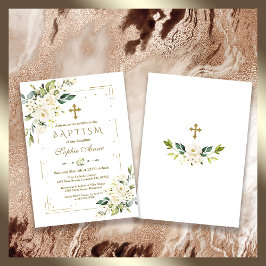Baptism i lyxvitblommor Guld Glitter Ram Inbjudningar