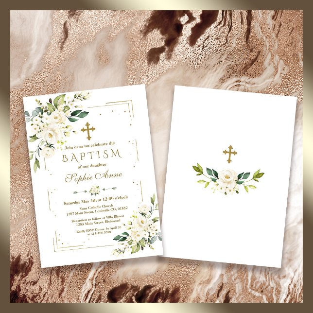 Baptism i lyxvitblommor Guld Glitter Ram Inbjudningar (elegant trendy baptism white floral invitation)