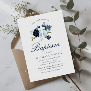 Baptism i marin och dammig blommigt inbjudningar