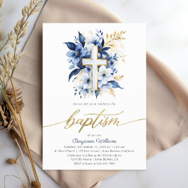 Baptism i marinblå färg och Guld Inbjudningar