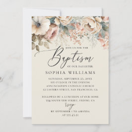 Baptism i mjuk boho-blommigt med vattenfärg i eleg inbjudningar
