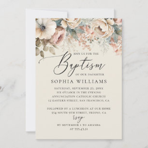 Baptism i mjuk boho-blommigt med vattenfärg i eleg inbjudningar