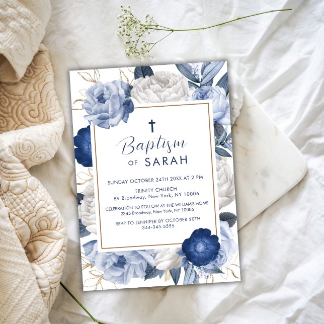 Baptism i modern Elegant, blå och vit blomma Kor Inbjudningar (Modern Elegant Blue & White Flower Cross Baptism Invitation)