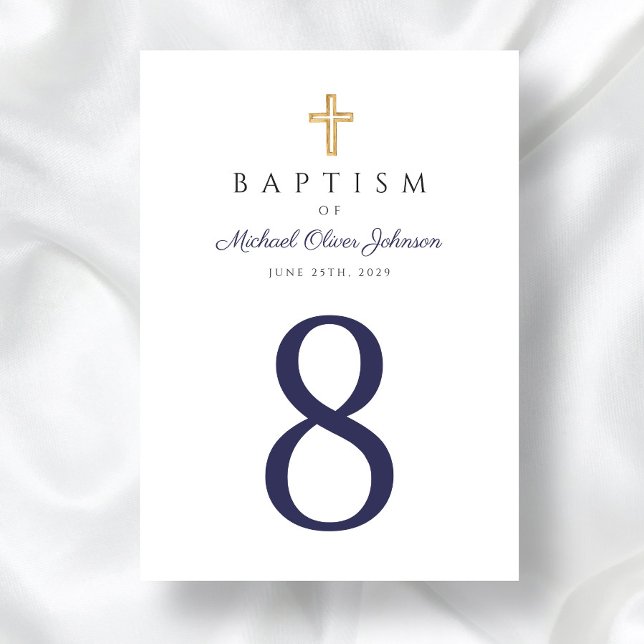 Baptism i religiösa Kor Bordsnummer (Religious Cross Navy Blue Boy Baptism Table Number)