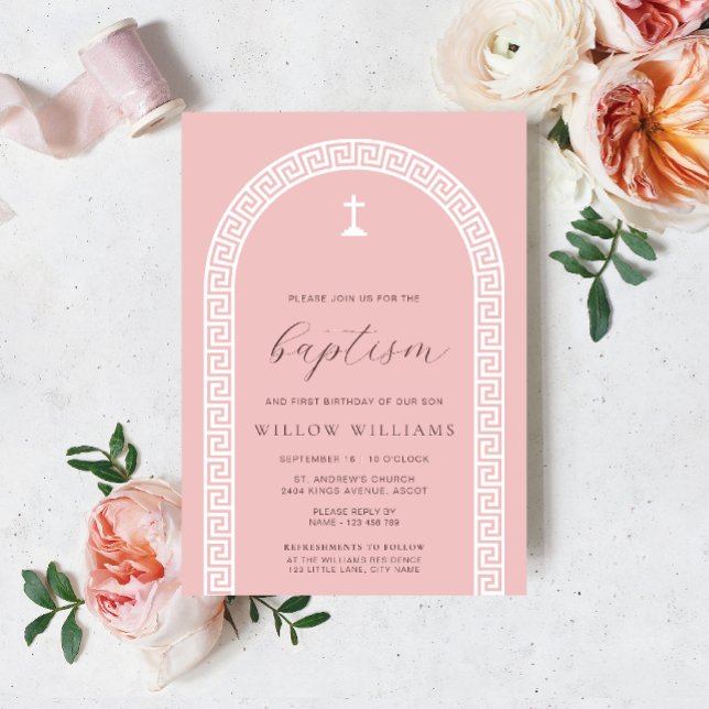 Baptism i Ro i Nyckel Inbjudningar (Baptism Invitation Greek Key Pink White )
