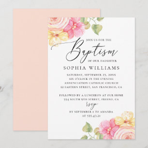 Baptism i rosa elegant blommigt i vattenfärg inbjudningar