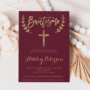 Baptism i spanska Guld burgundröd elegant Inbjudningar