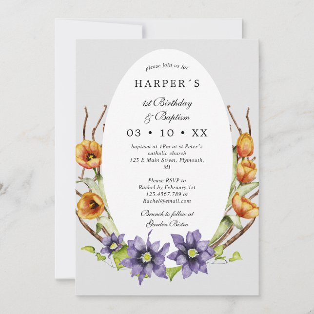 Baptism i vår blommor, äggformad inbjudningar (Framsida)
