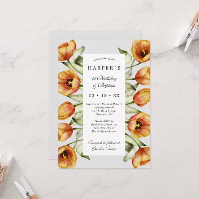 Baptism i vår blommor och tulpaner inbjudningar (Fram/Back In Situ)