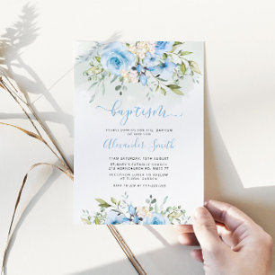Baptism i vattenfärgsblå blommigt inbjudningar