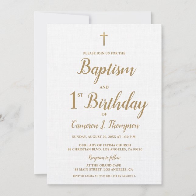 Baptism i vit och guld födelsedag, anpassningsbar inbjudningar (Framsida)