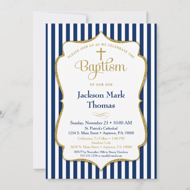 Baptism-inbjudan Boys Navy Blue Guld Elegant Inbjudningar (Framsida)
