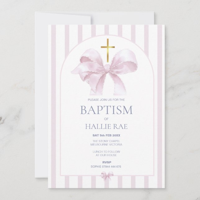 Baptism-inbjudan flicka, Modern Rosa Bow & Stripe Inbjudningar (Framsida)