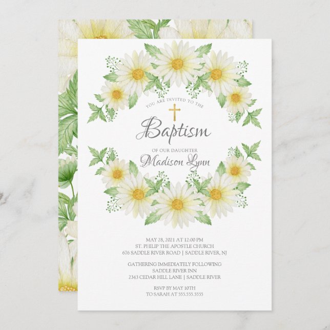 Baptism-inbjudan för Blommigt av vattenfärgsfärg D Inbjudningar (Fram/baksida)