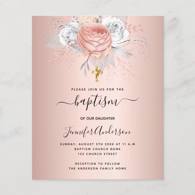 Baptism-inbjudan från blommigtar i ro guld (Framsida)