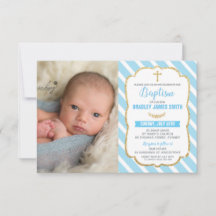 Baptism-inbjudan med Pojke-foto, blå och Guld