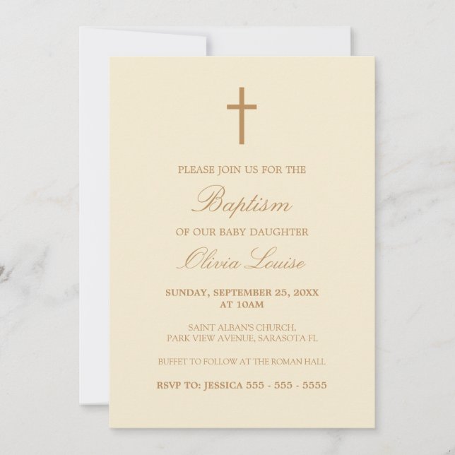 Baptism-inbjudan till Beige Script Elegant Cream B Inbjudningar (Framsida)