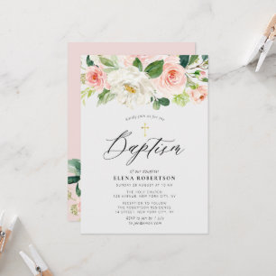 Baptism - inbjudan till blommigt för  rosa med vat