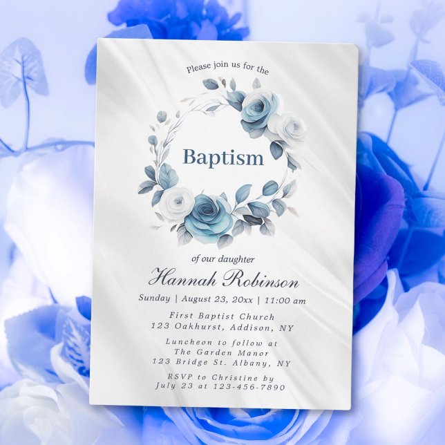 Baptism-inbjudan till Blommigt med blå vattenfärg Inbjudningar (Skapare uppladdad)