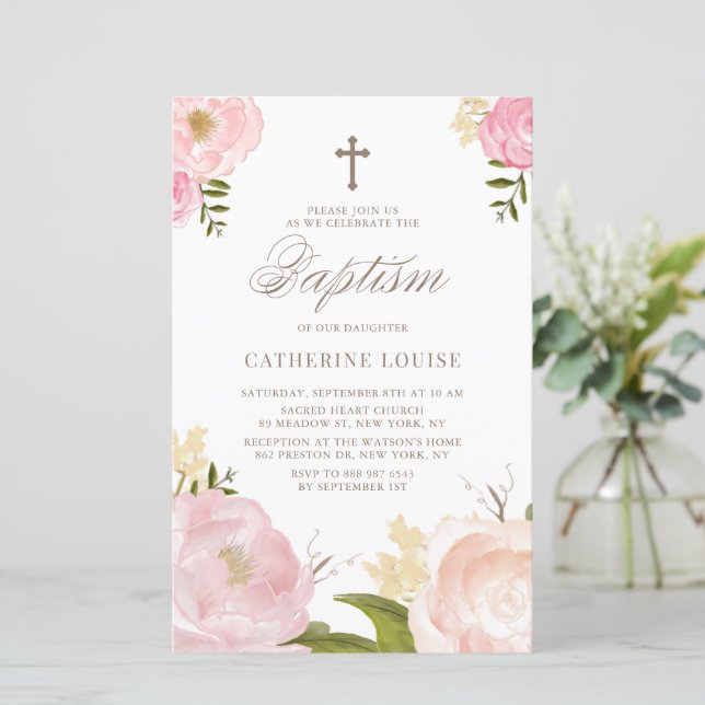 Baptism-inbjudan till Blommigt Peonies Rosa  Bapti (Stående Fram)